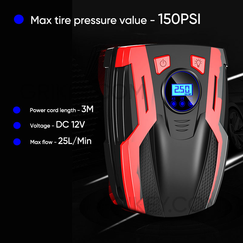 Air Compressor Tire Inflator DC 12V Portable Auto Tire Pump Digital Pressure Gauge w/ LED Light Air Pump for Car Tires Bicycles -grikey