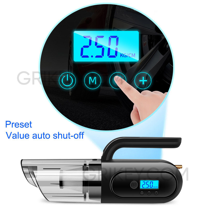 4-in-1 Car Vacuum Cleaner, Tire Inflator Portable Air Compressor with Digital Tire Pressure Gauge LCD Display and LED Light-grikey