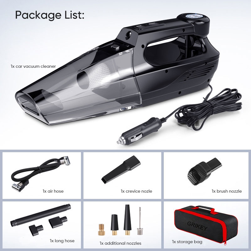 Car Vacuum Cleaner 4-in-1 Tire Inflator Portable Air Compressor with Tire Pressure Gauge LED Light 12 DC Corded Handheld Vacuum-grikey