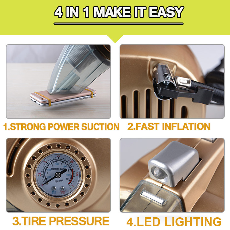 GRIKEY 4 in 1 Vacuum Cleaner Tire Inflator Pump Car Powerful Handheld Vacuum Cleaner 12V Pressure Measurement with LED Lights-grikey