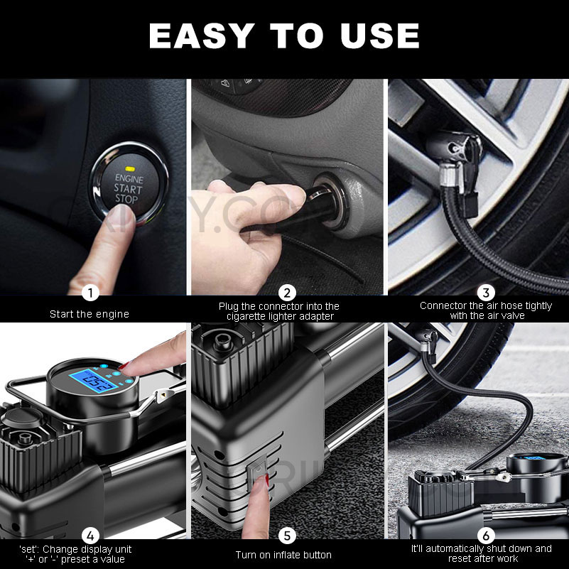 Portable Air Compressor Pump Tire Inflator 150PSI Heavy Duty Dual Cylinder with Digital Pressure Gauge for Car SUV Trucks RV-grikey