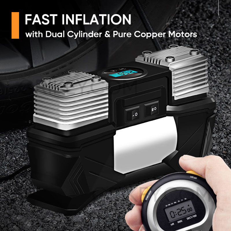 Portable Car Air Compressor Pump with Digital Gauge, 12V Dual Cylinder Tire Inflator Auto Shut Off Pump for Car SUV Truck RVs Bike Motorcycle Ball-grikey