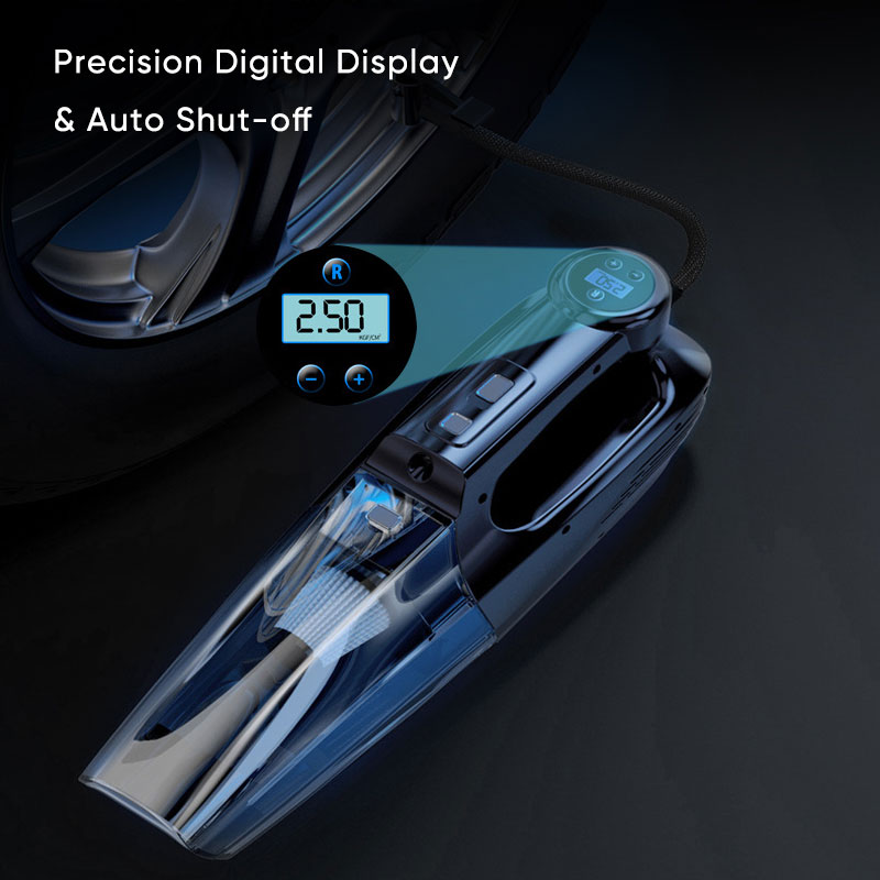 4-in-1 Car Vacuum Cleaner DC 12V Tire Inflator Portable Air Compressor with Digital Tire Pressure Gauge LCD Display LED Light-grikey