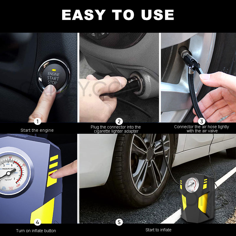 Tire Inflator Air Compressor with Pressure Gauge LED Light 12V DC Portable Electric Air Pump Tyre Inflator for Car Tires -grikey