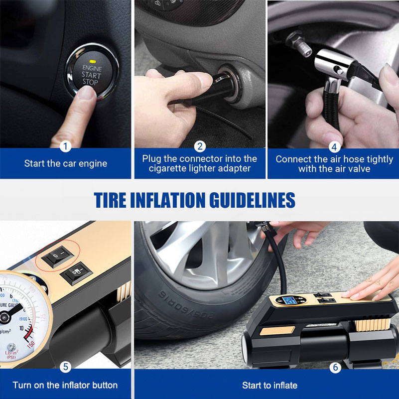 Tire Inflator Portable Air Compressor w/ Pressure Gauge LED Light 12V DC Portable Electric Air Pump 150PSI Car Tyre Inflator -grikey
