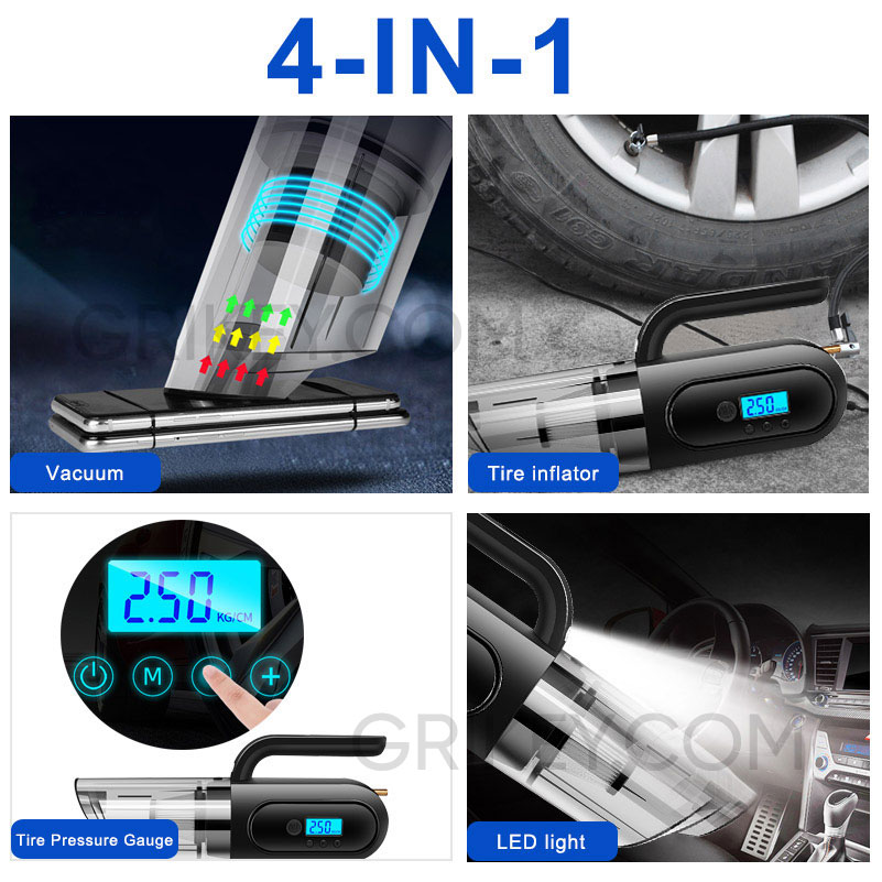4-in-1 Car Vacuum Cleaner, Tire Inflator Portable Air Compressor with Digital Tire Pressure Gauge LCD Display and LED Light-grikey