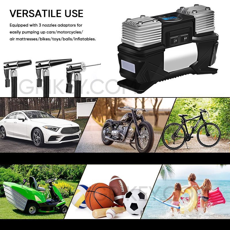 Portable Car Air Compressor Pump with Digital Gauge, 12V Dual Cylinder Tire Inflator Auto Shut Off Pump for Car SUV Truck RVs Bike Motorcycle Ball-grikey