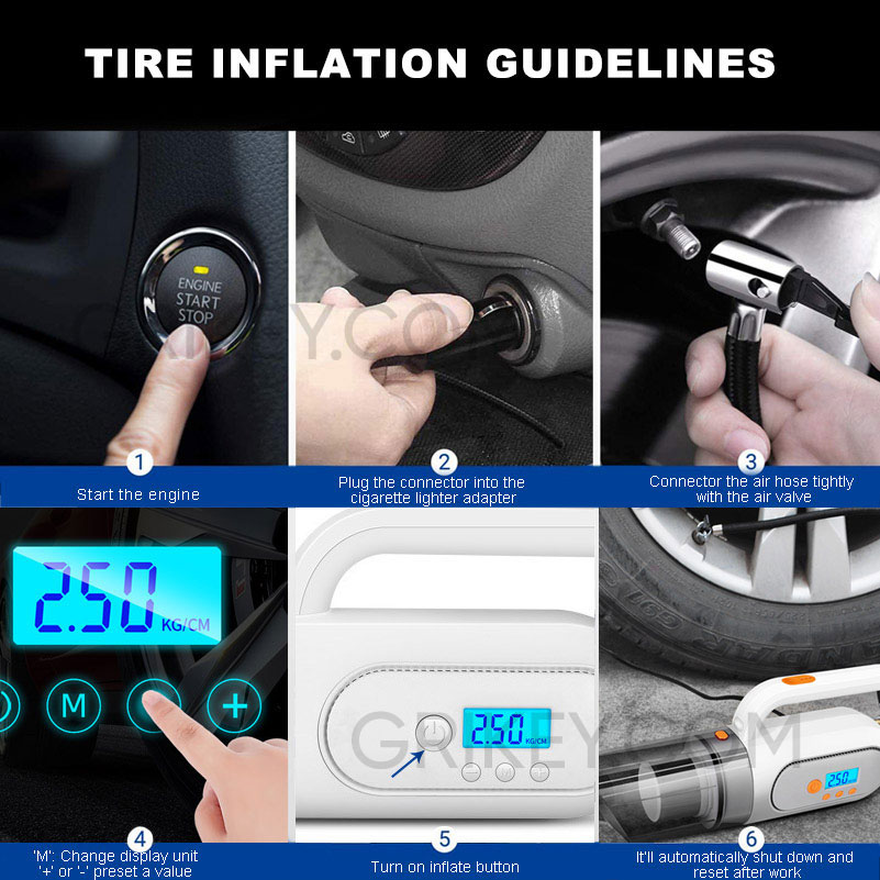 Car Vacuum Cleaner Tire Inflator 12V DC Portable Air Compressor Pump with Digital Tire Pressure Gauge LCD Display and LED Light-grikey