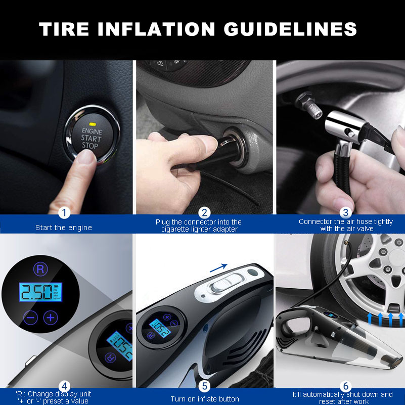 4-IN-1 Car Vacuum Cleaner Tire Inflator Portable Air Compressor with Digital Tire Pressure Gauge LCD Display LED Light DC 12V -grikey