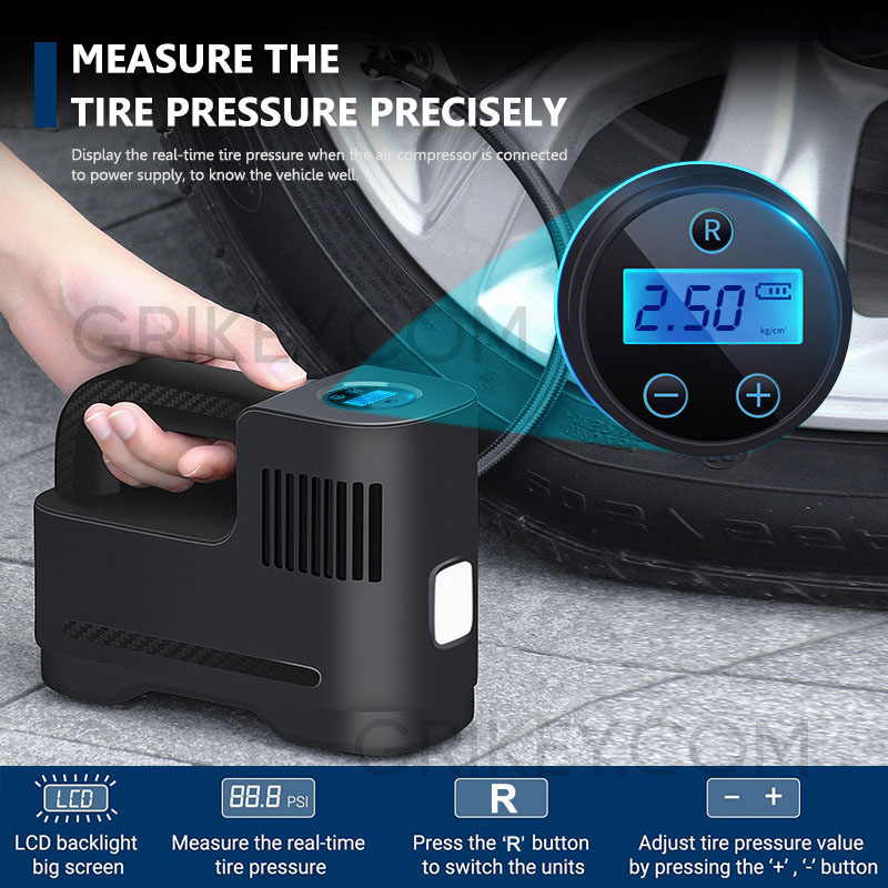 Air Compressor Tire Inflator Portable Air Pump for Car Tires 12V DC Auto Tire Pump with Digital Pressure Gauge Emergency LED Light for Car, Bicycle and Other Inflatables-grikey