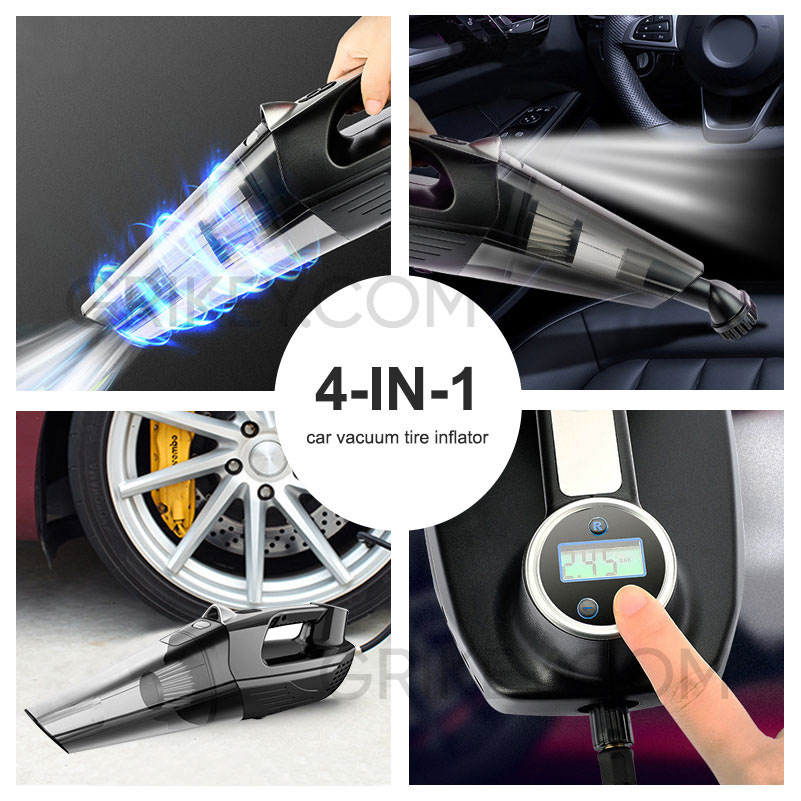 Car Vacuum Cleaner Tire Inflator 4-in-1 Portable Vacuum Cleaner with LCD Digital Display and LED Light 12V DC Handheld Cleaner-grikey