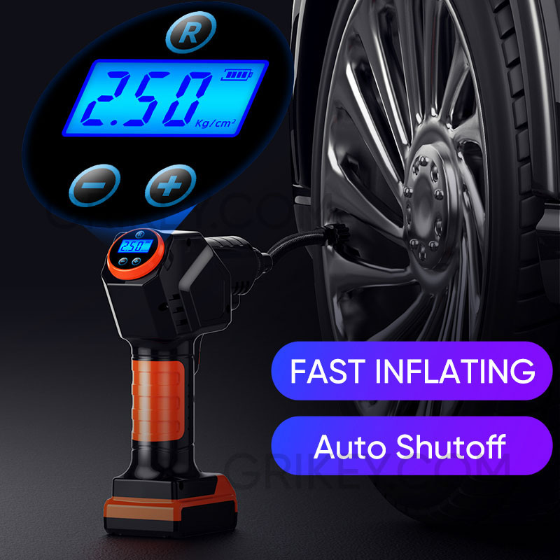 Cordless Tire Inflator Air Compressor Rechargeable Battery Powered Portable Air Pump Digital Pressure Gauge for Cars Motorcycles-grikey