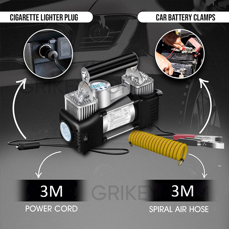 12V Portable Air Compressor 150PSI Tire Inflator Dual Cylinder Tire Pump with LED Light Auto Shut-Off for Car SUVs RVs Trucks-grikey