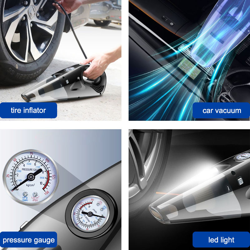 4-IN-1 Car Vacuum Cleaner Tire Inflator Portable Air Compressor with Tire Pressure Gauge LED Light DC 12V Auto Vacuum Cleaner-grikey
