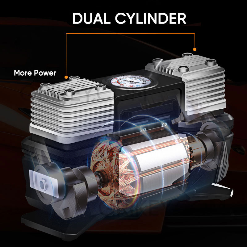 Dual Cylinder Tire Inflator Portable Air Compressor with Pressure Gauge LED Light, 12V DC Auto Tire Pump for Car Tires SUV Truck RVs Balls Bicycles-grikey