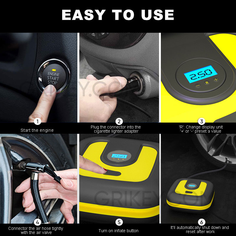 Tire Inflator Portable Air Compressor Air Pump 12V DC Auto Tire Pump w/ Digital Pressure Gauge LED Light for Car Bike Motorcycle Ball-grikey