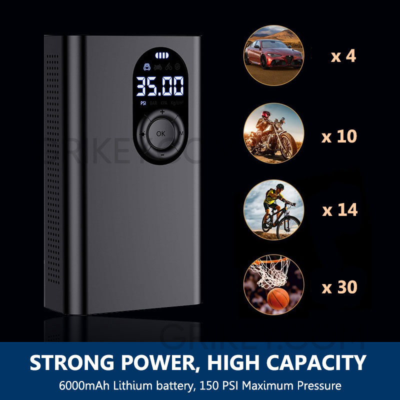 Cordless Tire Inflator Portable Air Compressor 150 PSI Rechargeable Battery 6000mAh Electric Air Pump for Car Tires Bicycle Motorcycle Ball-grikey