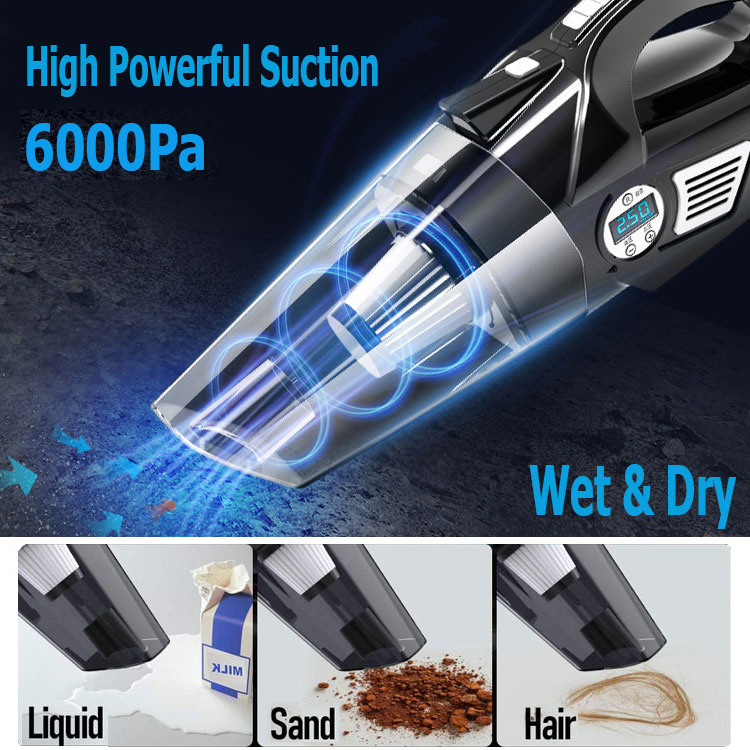 4 in 1 Portable Car Vacuum Cleaner with Digital Air Compressor Pump, High Power 6000Pa Handheld Vacuum w/Light, Tire Inflator-grikey
