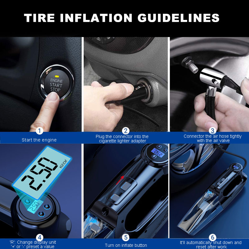  4-in-1 Car Vacuum Cleaner DC 12V Tire Inflator Portable Air Compressor with Digital Tire Pressure Gauge LCD Display LED Light-grikey