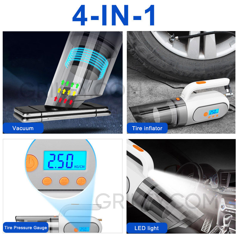 Car Vacuum Cleaner Tire Inflator 12V DC Portable Air Compressor Pump with Digital Tire Pressure Gauge LCD Display and LED Light-grikey