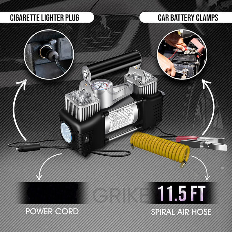Portable Air Compressor 12V 150PSI Tire Inflator Dual Cylinder Tire Pump with Pressure Gauge LED Light for Car SUVs Trucks-grikey