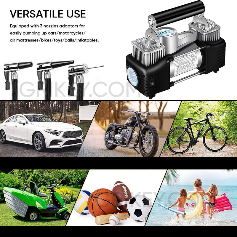 12V Portable Air Compressor 150PSI Tire Inflator Dual Cylinder Tire Pump with LED Light Auto Shut-Off for Car SUVs RVs Trucks-grikey