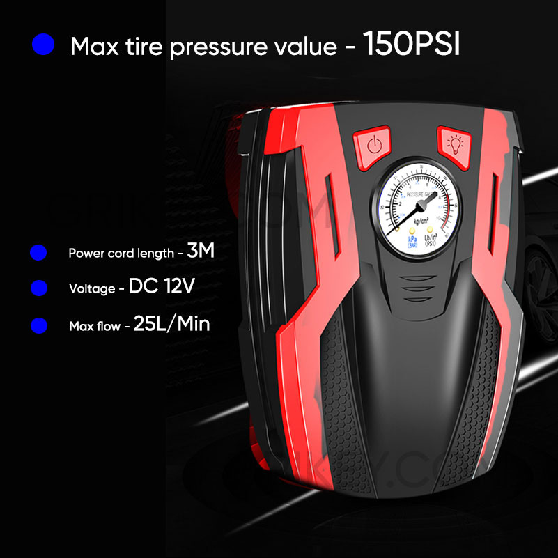 Air Compressor Tire Inflator DC 12V Portable Auto Tire Pump Dial Pressure Gauge w/ LED Light Air Pump for Car Tires Bicycle -grikey