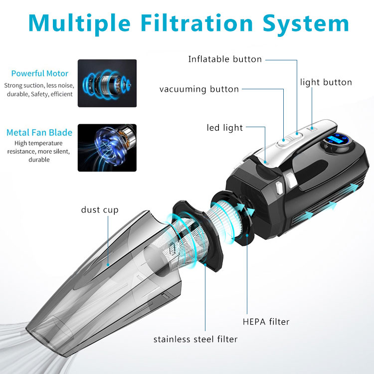 4 In 1 Multifunction Car Vacuum Cleaner with Tire Pressure Gauge and Car Inflator 120W Powerful Suction Wet and Dry-grikey