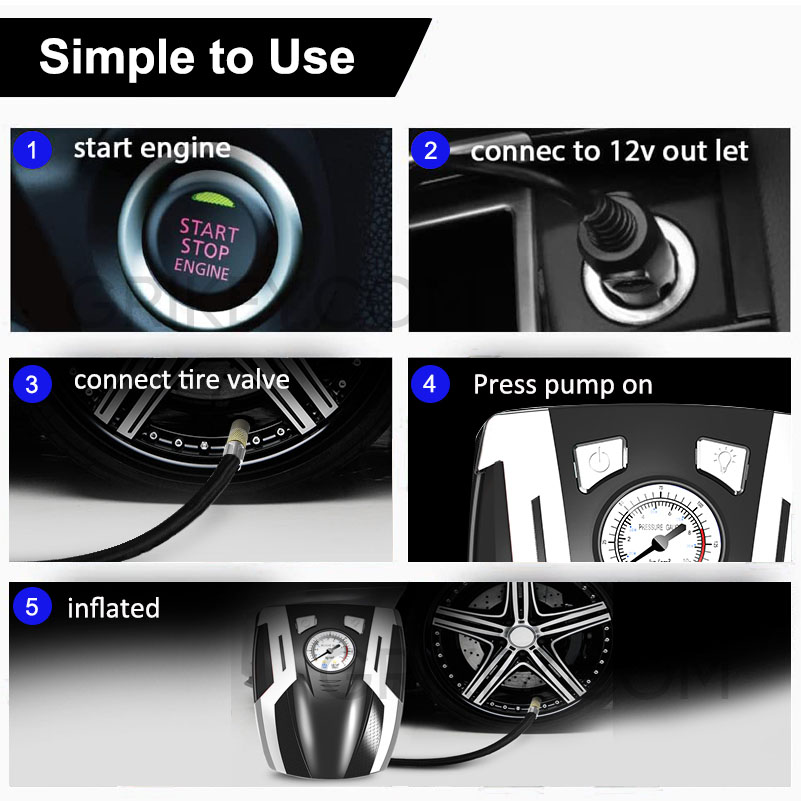 Air Compressor Tire Inflator DC 12V Portable Auto Tire Pump Dial Pressure Gauge w/ LED Light Air Pump for Car Tires Bicycle -grikey