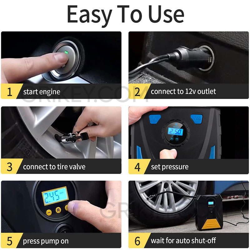 Tire Inflator Portable Air Compressor Air Pump w/ Digital Pressure Gauge LED Light DC 12V, 150PSI Tire Pump for Car Tires Bicycles Balls-grikey