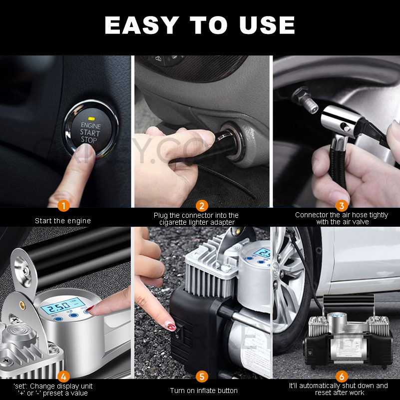 12V Portable Air Compressor 150PSI Tire Inflator Dual Cylinder Tire Pump with LED Light Auto Shut-Off for Car SUVs RVs Trucks-grikey