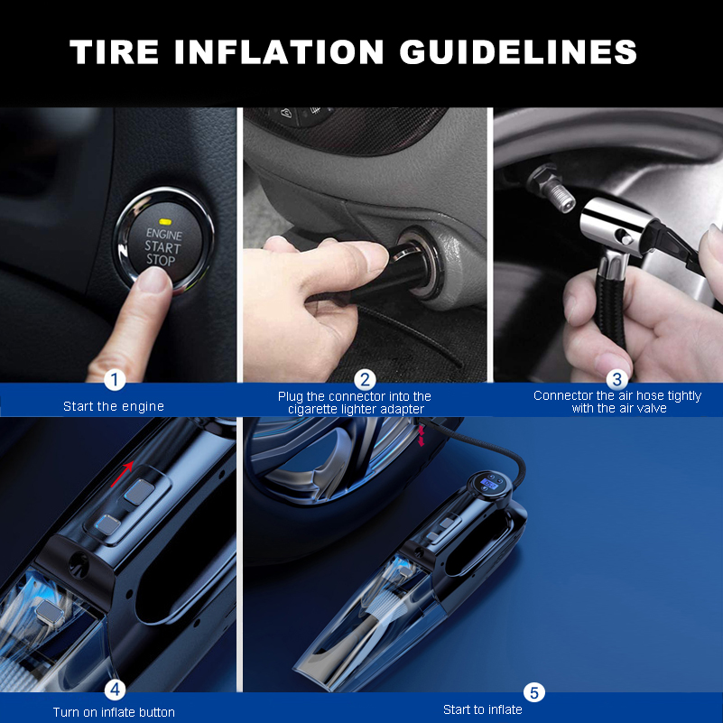 Car Vacuum Cleaner 4-in-1 Tire Inflator Portable Air Compressor with Tire Pressure Gauge LED Light 12 DC Corded Handheld Vacuum-grikey