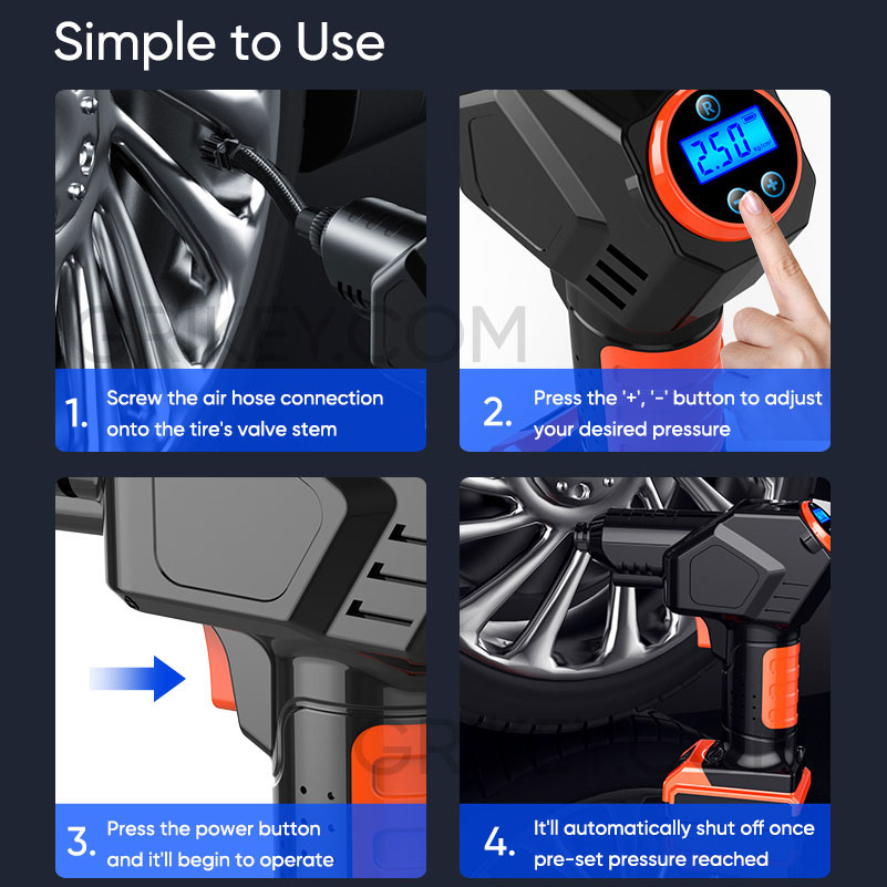 Cordless Tire Inflator Air Compressor Rechargeable Battery Powered Portable Air Pump Digital Pressure Gauge for Cars Motorcycles-grikey