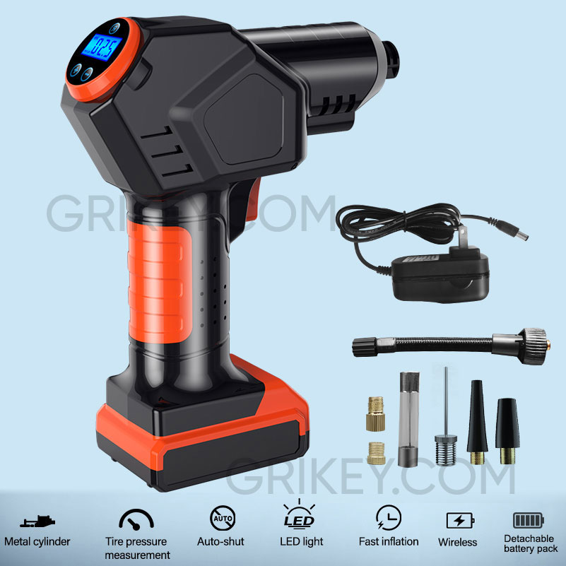 Cordless Tire Inflator Air Compressor Rechargeable Battery Powered Portable Air Pump Digital Pressure Gauge for Cars Motorcycles-grikey