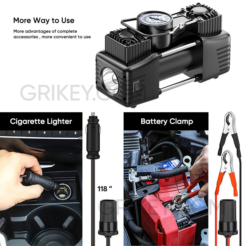 Portable Air Compressor Pump Tire Inflator 150PSI Heavy Duty Dual Cylinder with Pressure Gauge LED Light for Car SUV Trucks RV-grikey