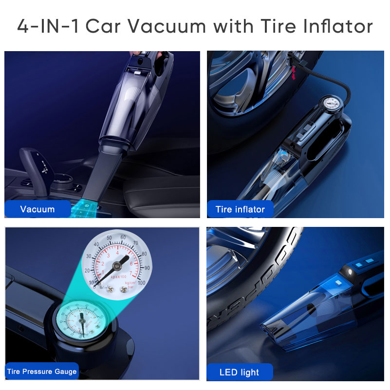 Car Vacuum Cleaner 4-in-1 Tire Inflator Portable Air Compressor with Tire Pressure Gauge LED Light 12 DC Corded Handheld Vacuum-grikey