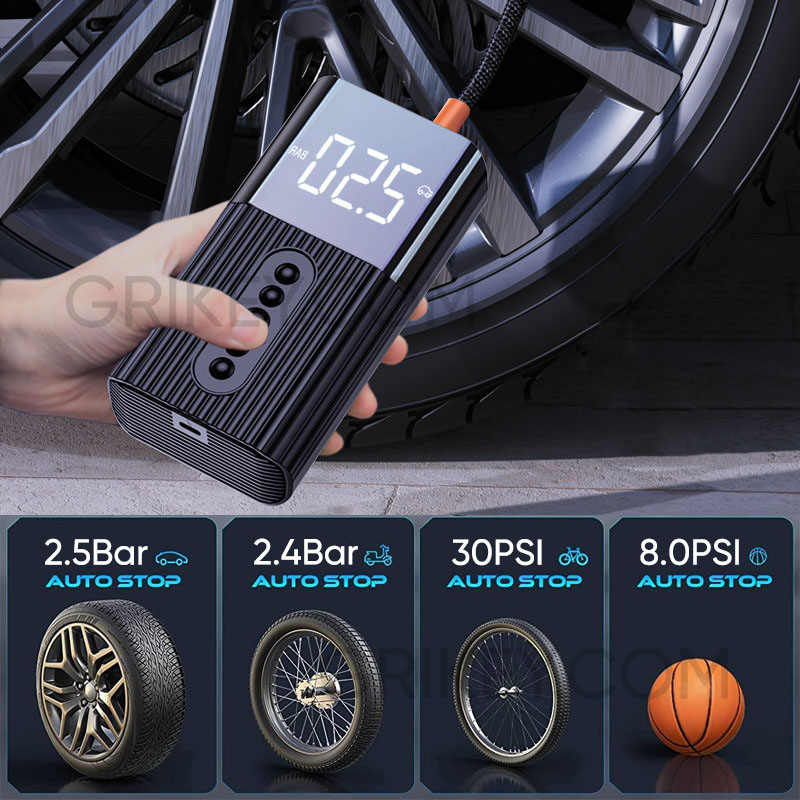 Tire Inflator Portable Air Compressor Cordless & Strong Power Air Pump with 6000mAh Battery Fast inflate 150PSI Tire Pump with LED Light for Car Bike Motor Ball-grikey