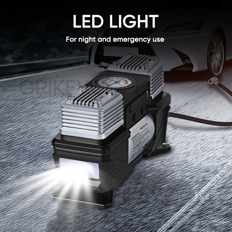 Dual Cylinder Tire Inflator Portable Air Compressor with Pressure Gauge LED Light, 12V DC Auto Tire Pump for Car Tires SUV Truck RVs Balls Bicycles-grikey