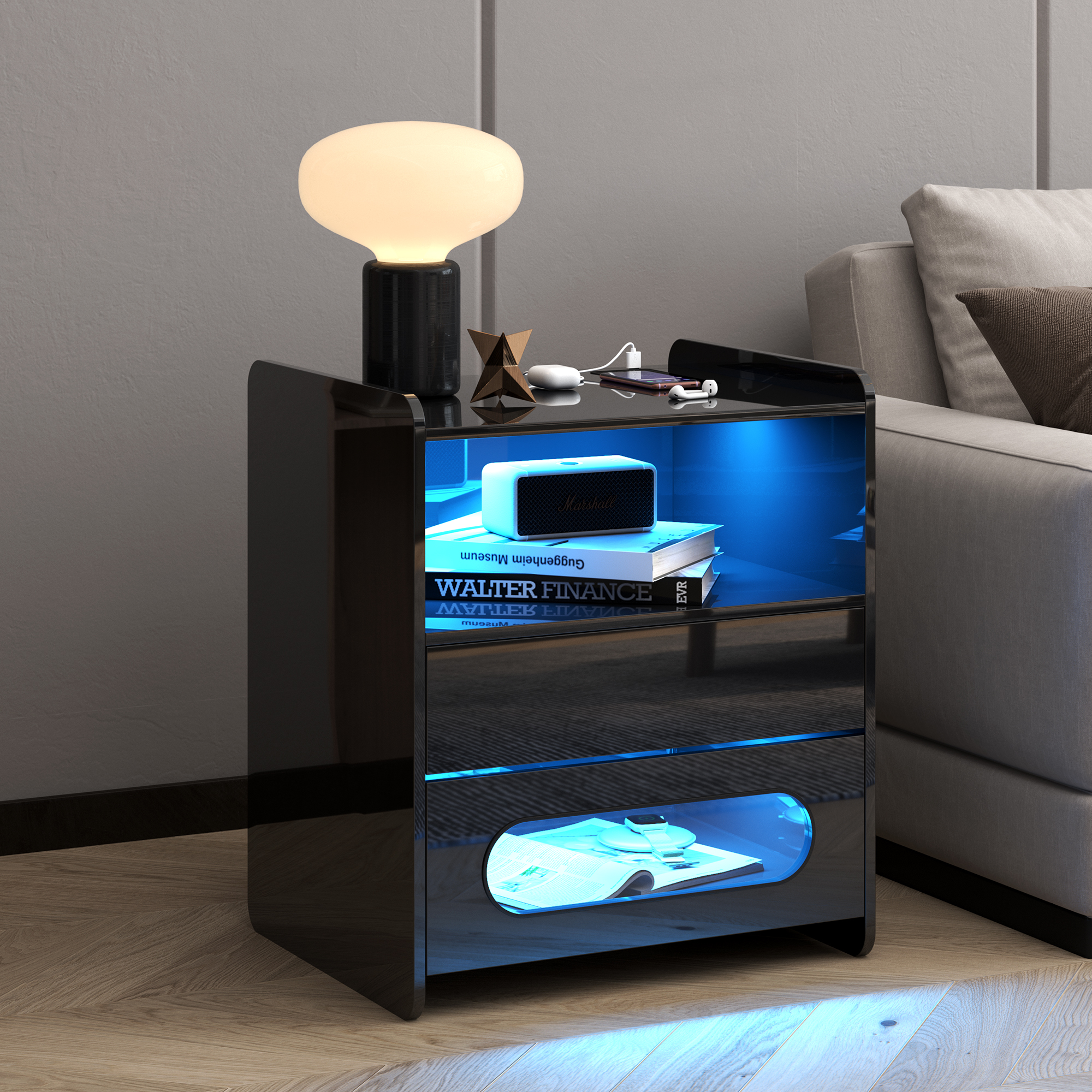 LVSOMT Glossy Nightstand With Wireless Charging Station