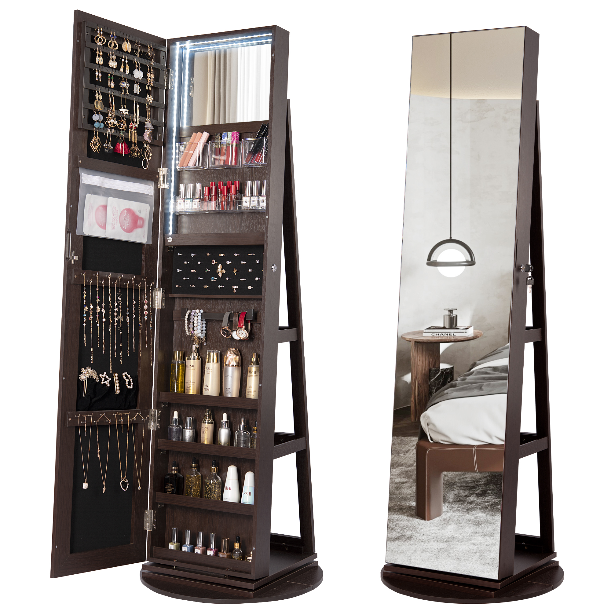 LVSOMT 360° Swivel Jewelry Cabinet with Full Length Mirror