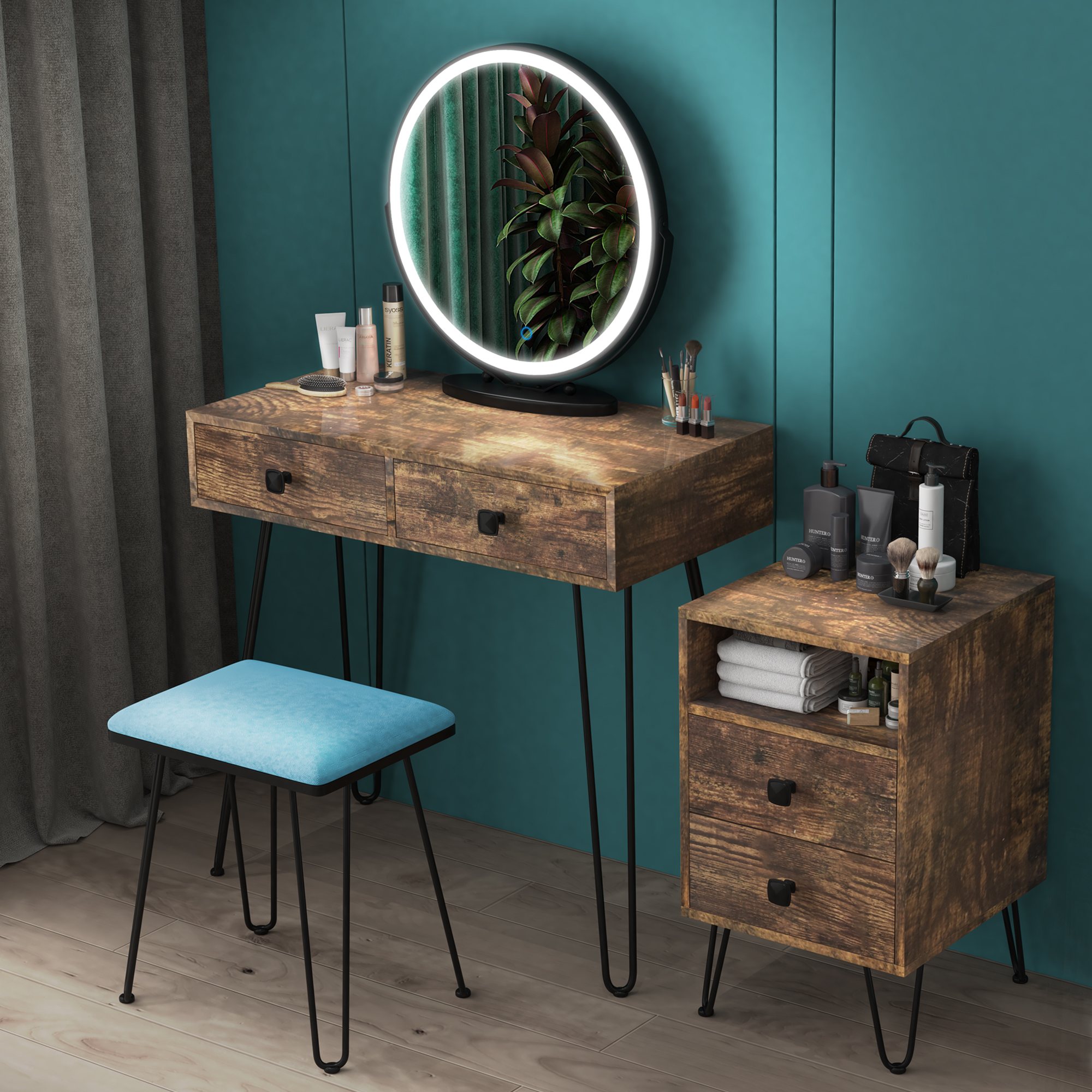 Makeup vanity Desk Set with LED Mirror, Storage Cabinet, Cushioned Stool (brown)