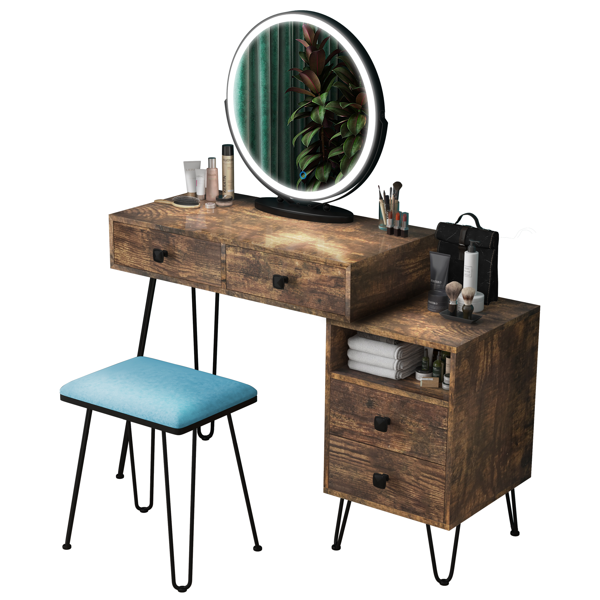LVSOMT Makeup Vanity Table with Mirror & Stool, Rustic Brown