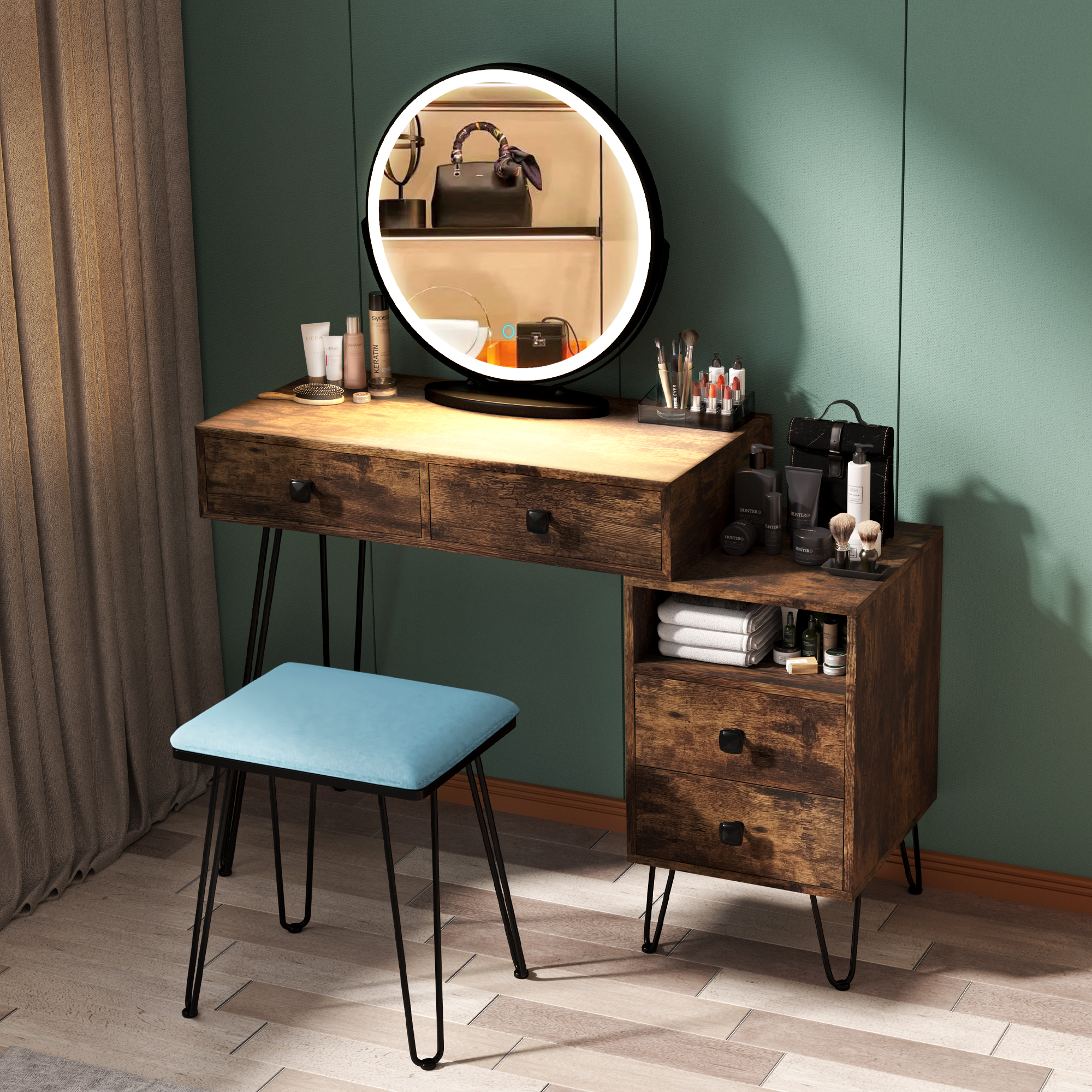  LVSOMT Makeup Vanity Desk Set with Lighted Mirror, Makeup Vanity  with Drawers, Vanity Table for Bedroom (Brown) : Home & Kitchen