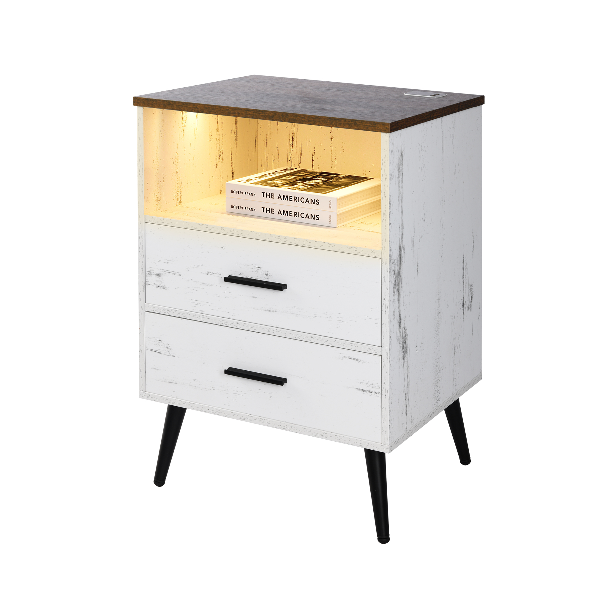 LVSOMT Led Light Nightstands With 2 Large Drawers and Open Shelf and 2 Usb Ports, 15.7"D x 17.7"W x 25.6"H