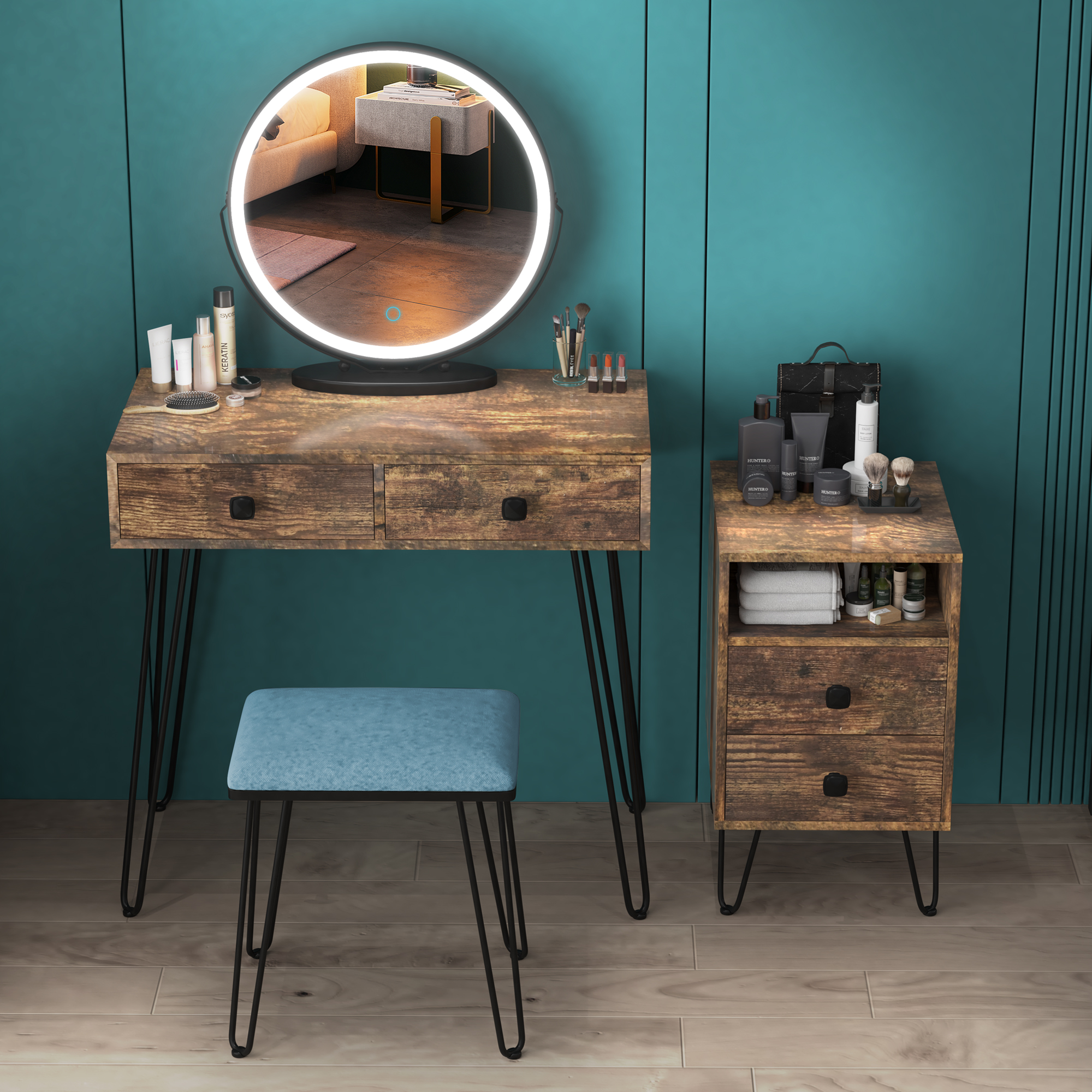  LVSOMT Makeup Vanity Desk Set with Lighted Mirror, Makeup Vanity  with Drawers, Vanity Table for Bedroom (Brown) : Home & Kitchen