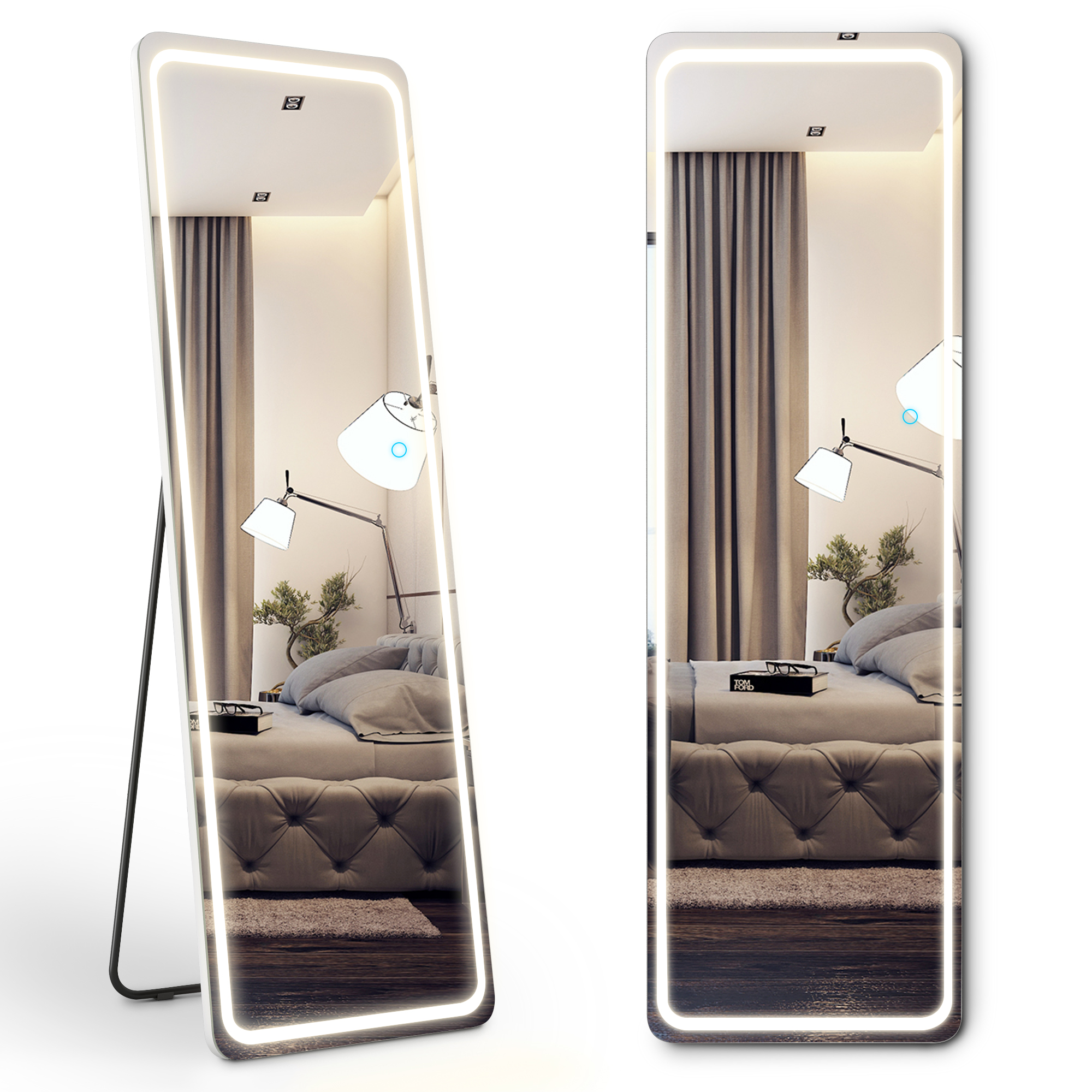 LVSOMT Full Length Mirror with Lights for living room bedroom, White/Black 63" x 20"