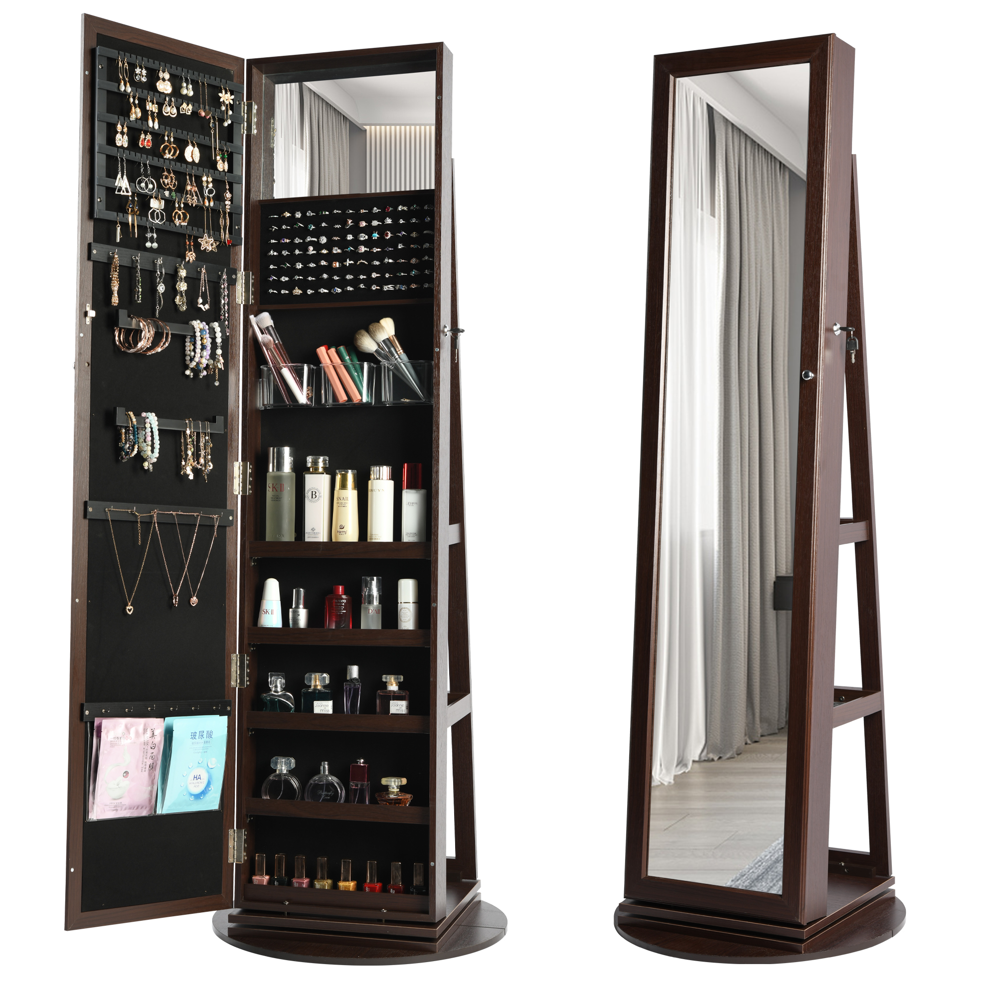 Jewelry Cabinet 360 Degree Rotatable  with Full-Length Mirror Lockable Standing. 