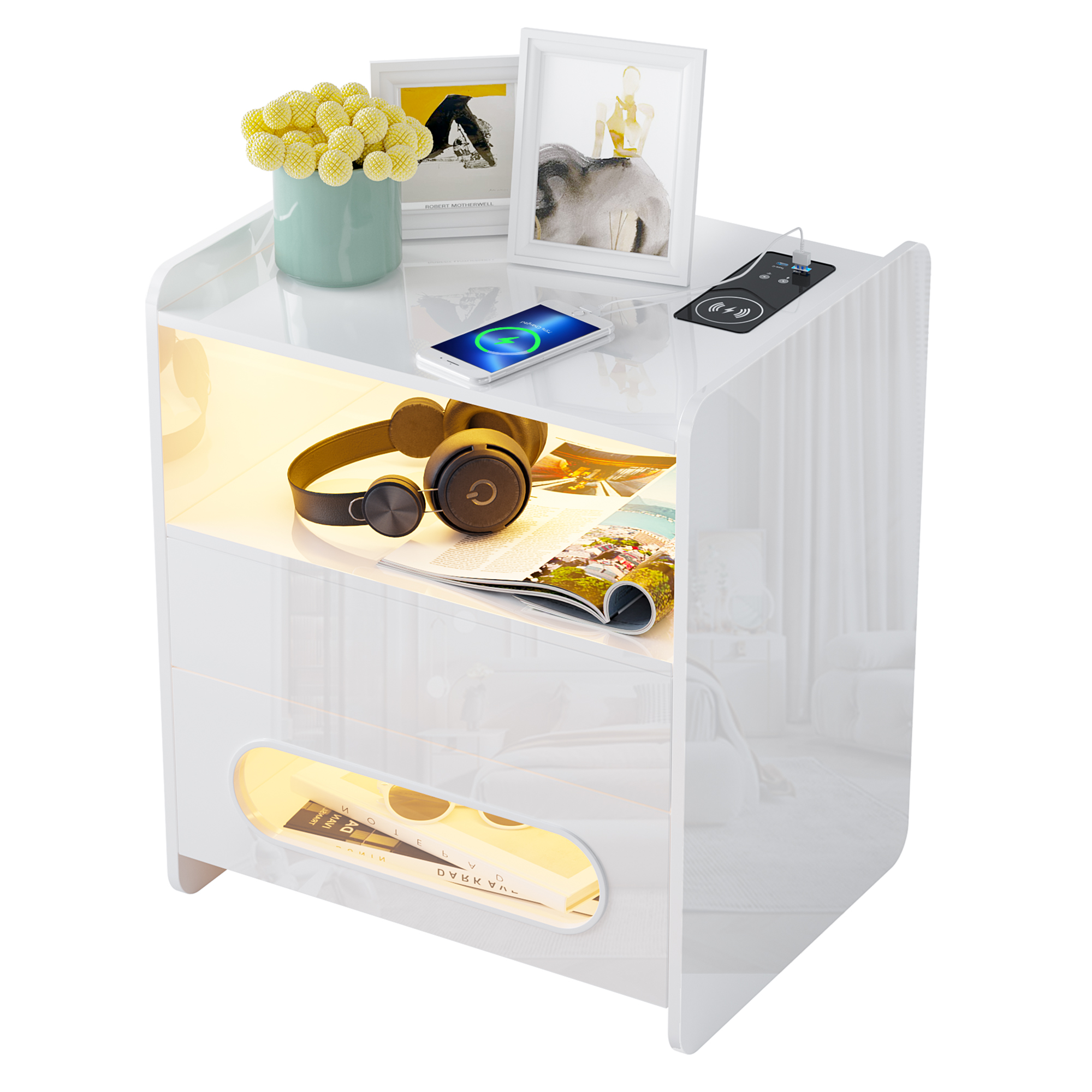 LVSOMT Glossy Nightstand With Wireless Charging Station
