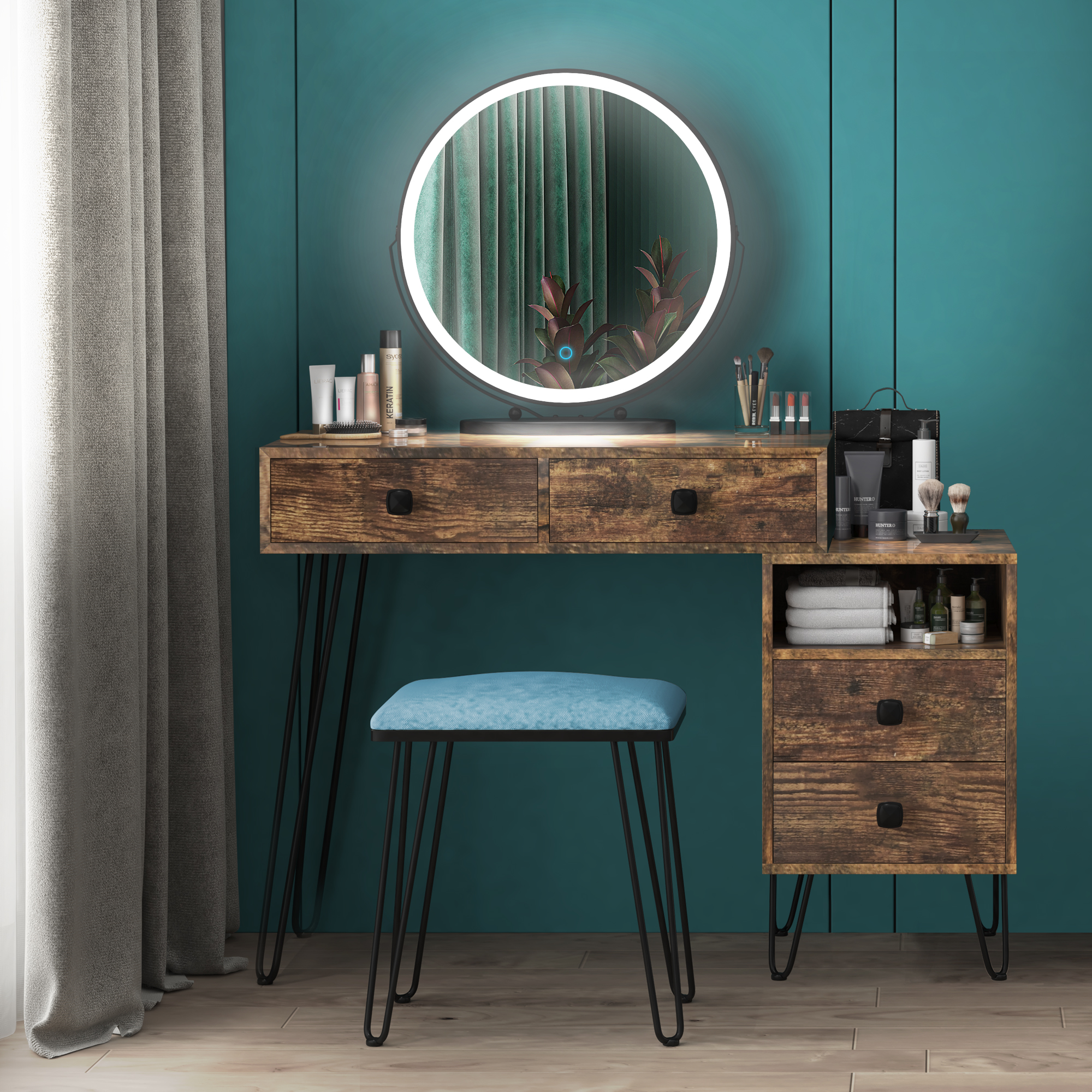 LVSOMT Makeup Vanity Desks with Touch Screen Dimming Light Mirror, Bedroom  Corner Dressing Table with Drawers, Vanities with Benches, Brown 