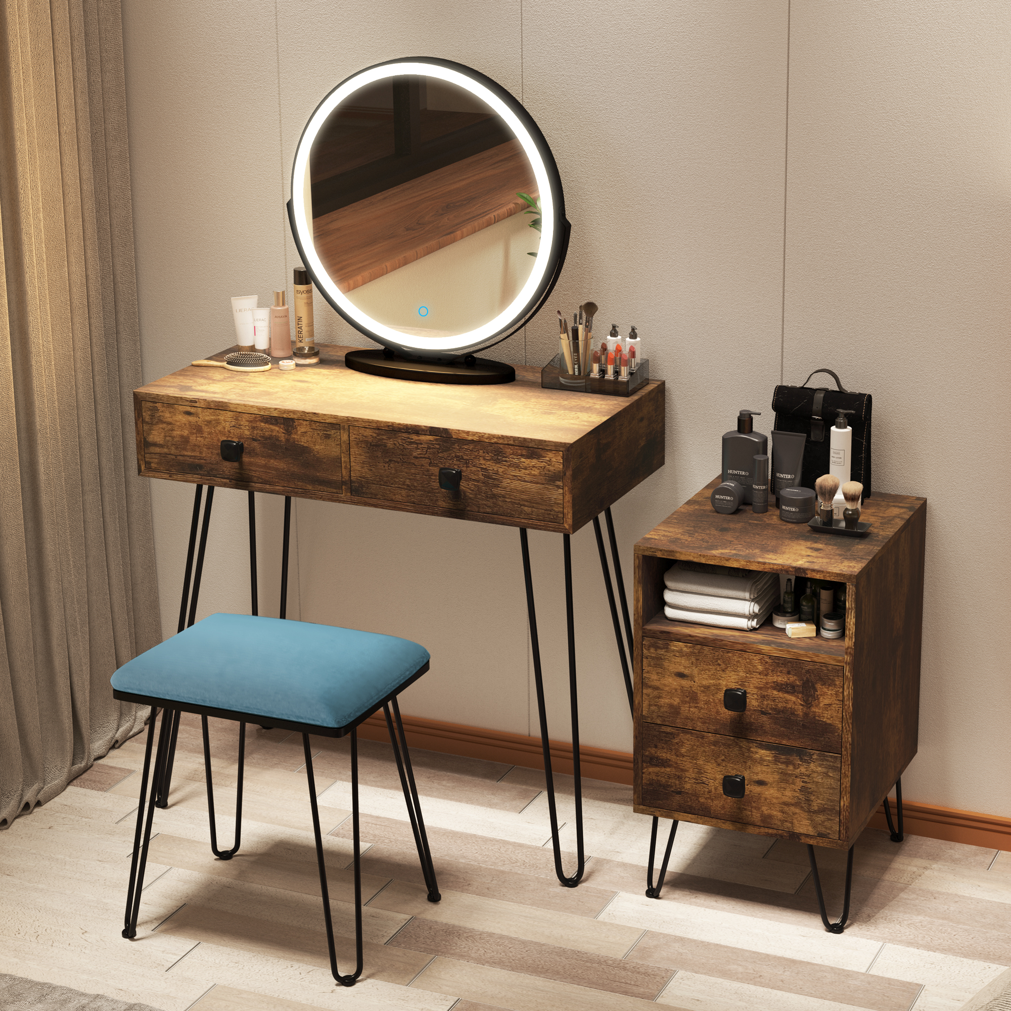  LVSOMT Makeup Vanity Desk Set with Lighted Mirror, Makeup Vanity  with Drawers, Vanity Table for Bedroom (Brown) : Home & Kitchen